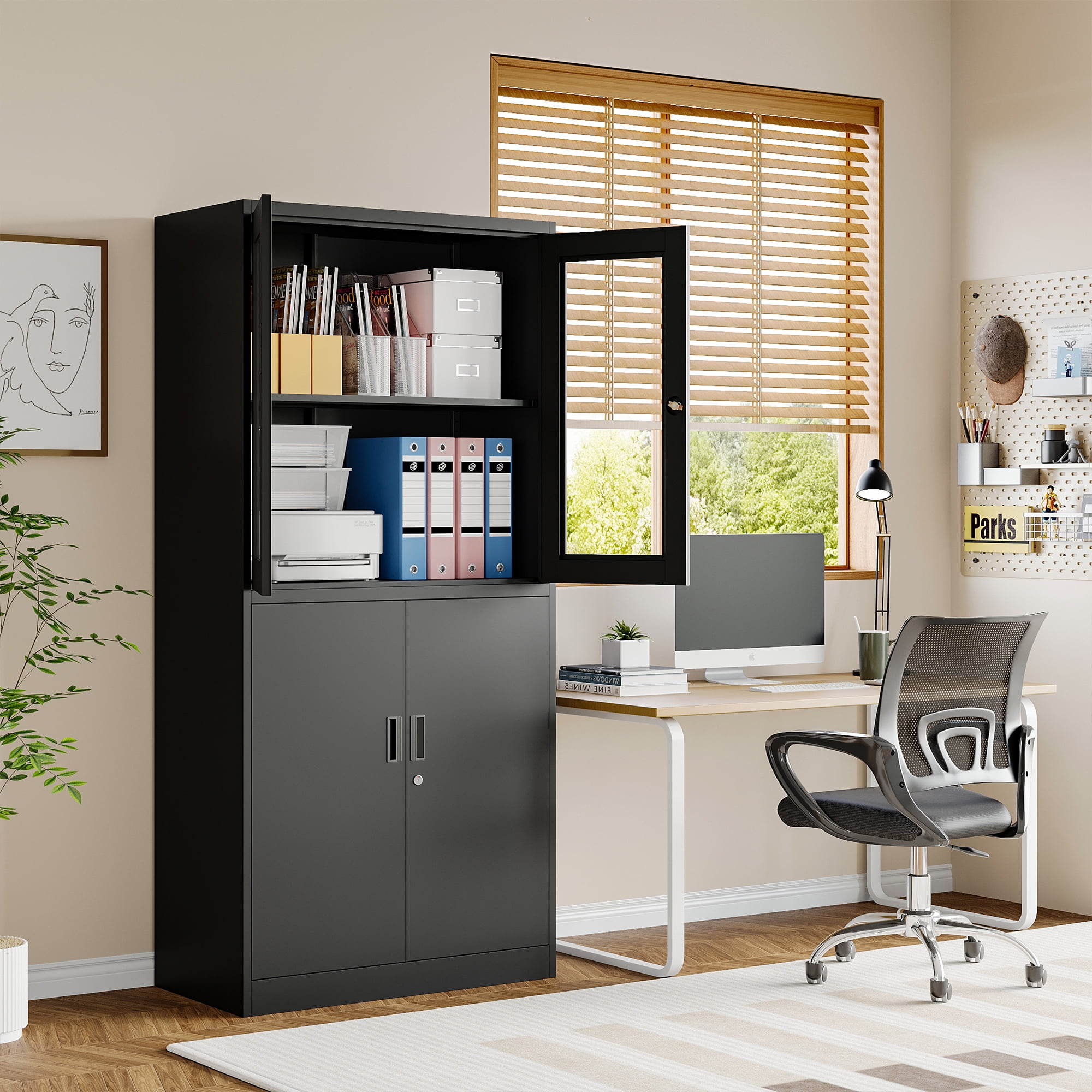 STANI Heavy Duty Metal Cabinet with Lock, Tall Office Storage Cabinet with Glass Door, Lockable Black Steel Cabinet with 2 Adjustable Shelves for Home, Clinic, Pantry, Basement