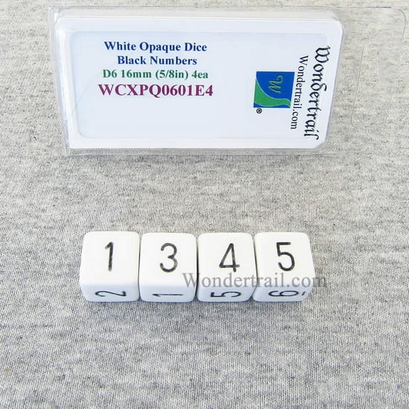 White Opaque Dice with Black Numbers D6 Aprox 16mm (5/8in) Pack of 4 Wondertrail