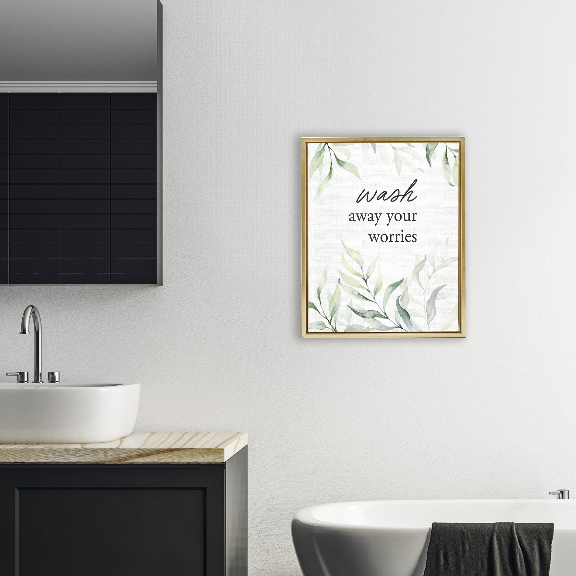 Wash Away Worries Greenery Gold Framed Floater Canvas Wall Art, design by Lettered and Lined
