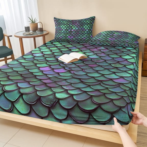 Cal.King Size Fitted Sheet Set - Coastal Teal Green 3 Piece Bedding Sets 16" Deep Pocket Fitted Sheet with 2 Pillowcases, Modern Ocean Mermaid Scales Brushed Microfiber Hotel Luxury Bed Sheets
