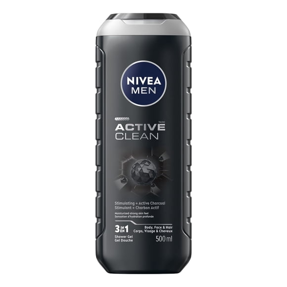NIVEA MEN Active Clean Body Wash, 3-in-1 Men Shower Gel, 500 mL