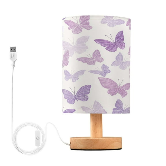 WOBOGO Purple Butterfly Bedroom Table Lamp USB Power Connector Wooden Base Round Linen Shade For Living Room Desk
