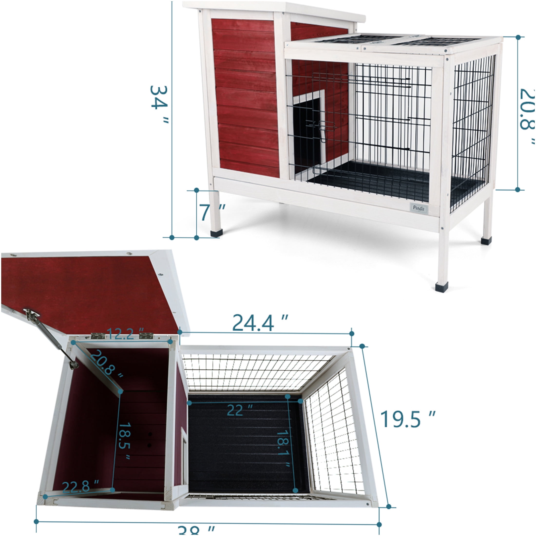 JERFIT 2-Story Rabbit Hutch with Outdoor Run, Leak-Proof Tray & Waterproof Roof - Solid Wood Cage for Rabbits, Guinea Pigs, Ferrets