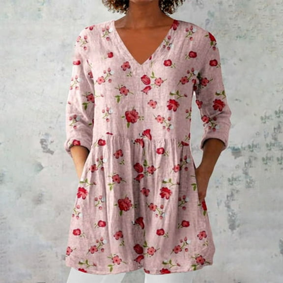 Pink Women's Long Sleeve T-shirt, 2025 New Women'S Summer Printed Group Shirt Women'S Linen V Neck Casual Shirt,Women's Long sleeve T-shirt L