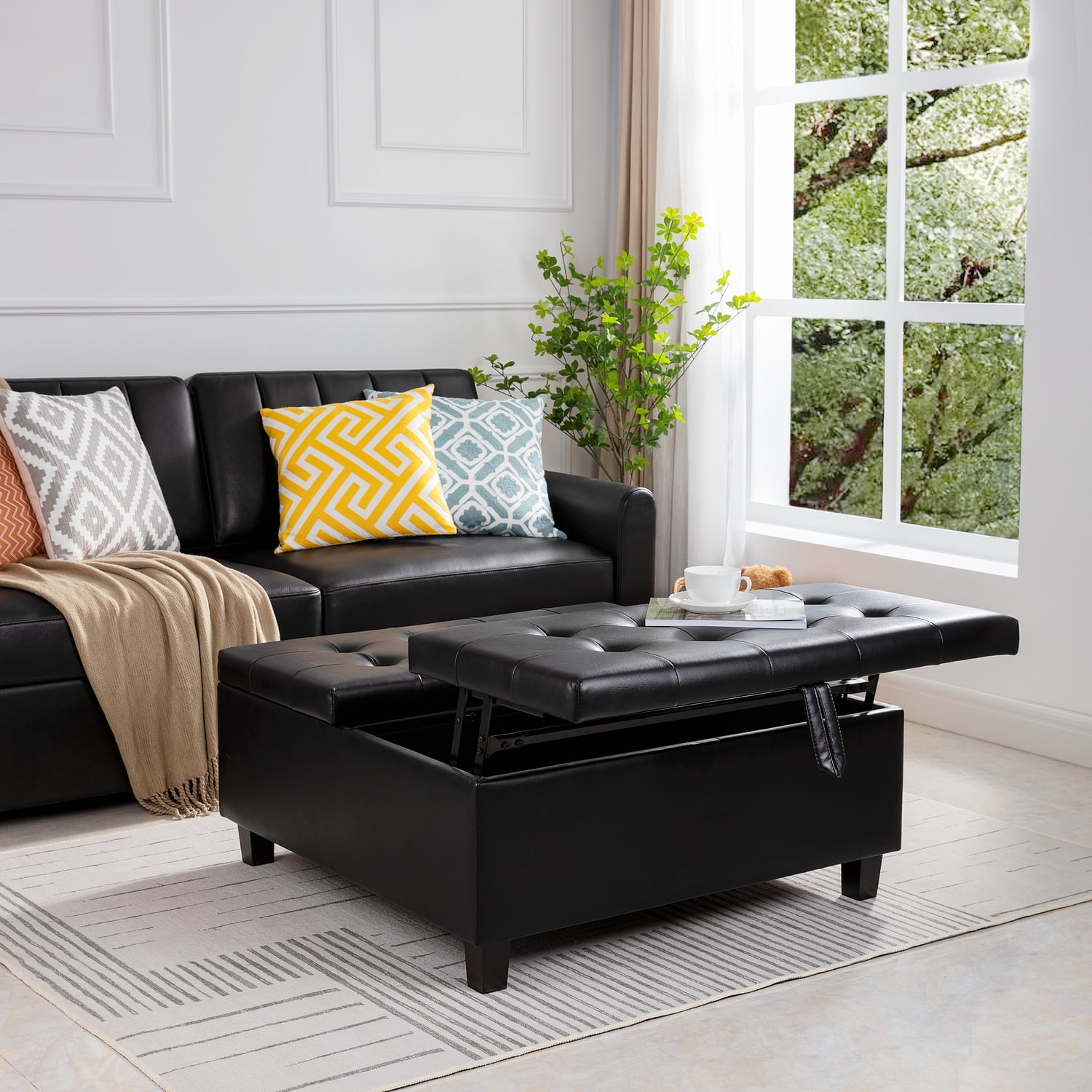 Charlotte 35 Inch Large Square Storage Ottoman Bench, Tufted Upholstered Lift Top Coffee Table Ottoman with Storage, Oversized Storage Ottomans, Toy Box, Air Leather Footrest for Living Room – Black
