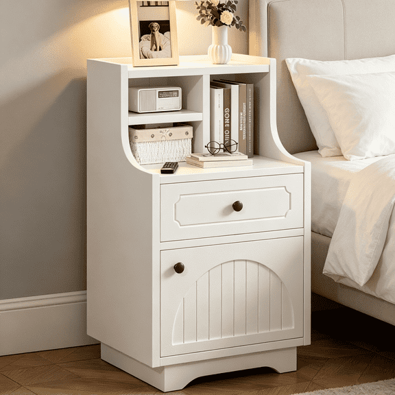 Catrimown White Farmhouse Nightstands, 30 Inch Tall Bedside End Table with Built-in Hutch Storage for Bedroom