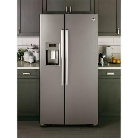 GE - 23.0 Cu. Ft. Side-by-Side Refrigerator with External Ice & Water Dispenser - Fingerprint resistant slate