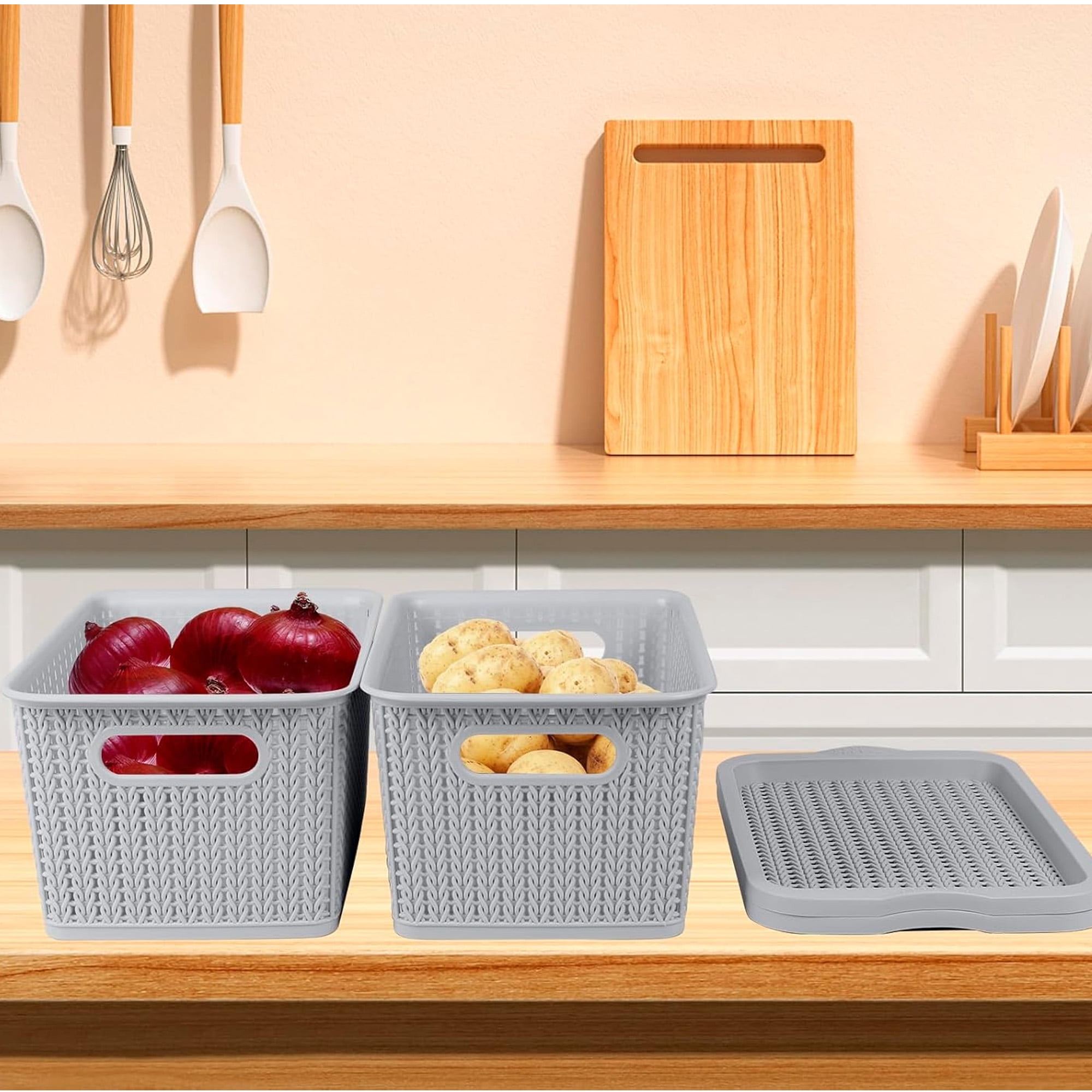 Pethiy 2-Pack Stackable Vegetable Bins, Onion Potato Storage Baskets with Lids, BPA-Free Plastic Canisters for Pantry Countertop Kitchen Organization