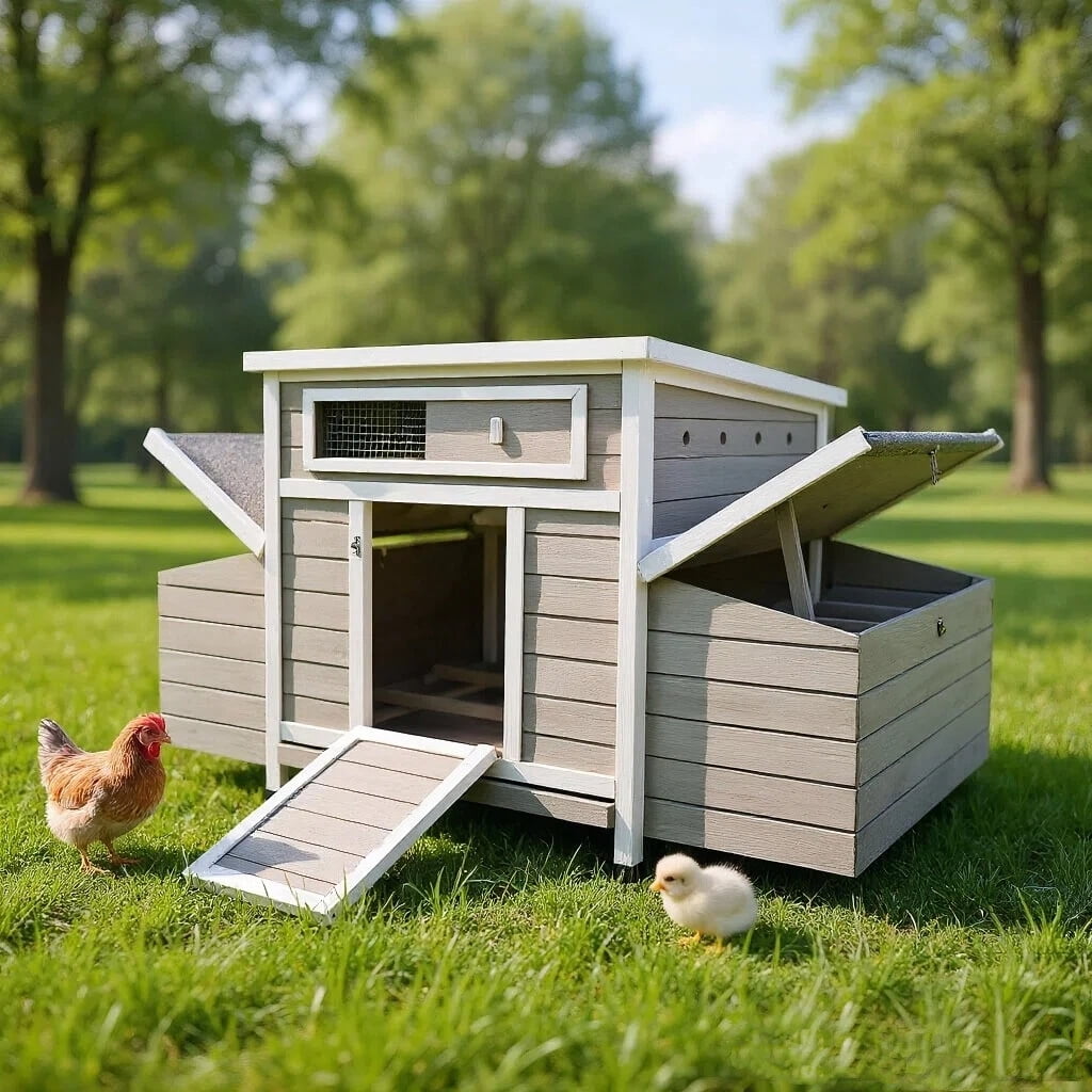 Wooden Chicken Coop with 2 Sides Nesting Boxes, Outdoor Weatherproof Hen House Poultry Cage, Ventilated Predator-Proof Chicken Hutch with Secure Latches for Backyard Farm