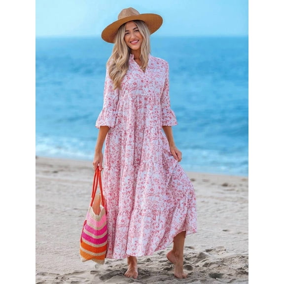 Multicolor Watercolor Floral V-Neck Ruched Long Sleeve Maxi Dress For Women