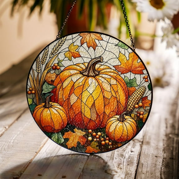 Pumpkin Glass Suncatcher | Fall Harvest Window Decor | Autumn Leaves Glass Art | Thanksgiving Sun Catcher | Rustic Farmhouse Gift