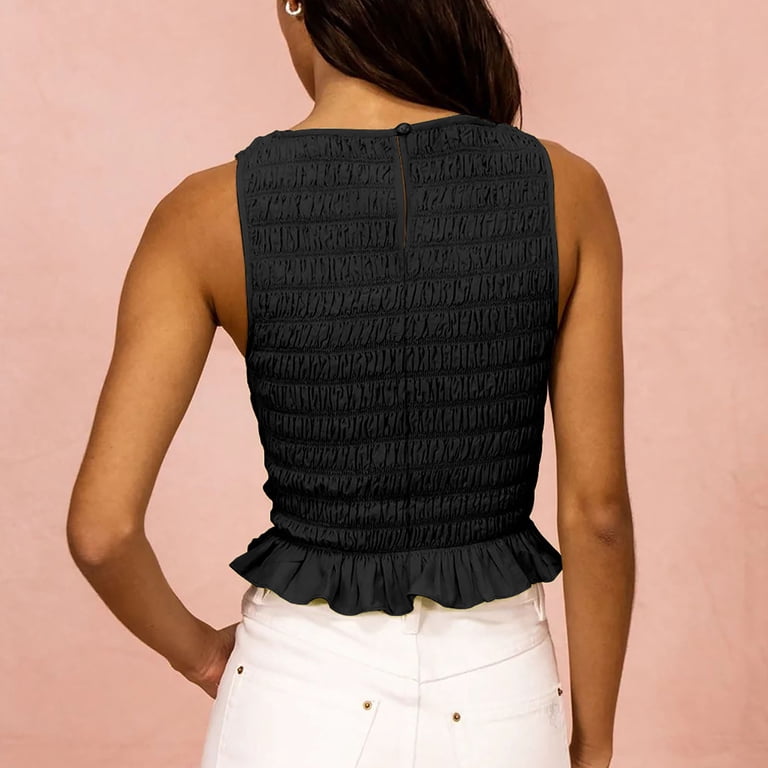 Women's Summer Crop Top - Shirred Smocked Tank With Ruffle Hem, Cap Sleeve Casual Streetwear