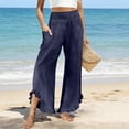 thumbnail image 5 of LNWUY Linen Pants Women Smocked High Waisted Wide Leg Cropped Pants with Pockets Cute Ruffle Boho Flowy Beach Pants Blue S, 5 of 5
