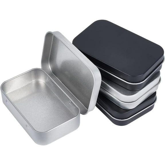 4 Pack 2 Colors Tin Box Empty Hinged Tins Mini Portable Metal Rectangular Black Silver DIY Storage Travel Outdoor Case Metal Boxes with Hinged lids for Home Keys Organizer Jewelry Crafts