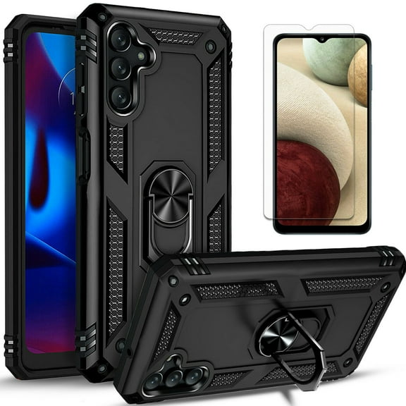 Starshop Moto G Power 2023 case, With Tempered Glass Protector, Drop Protection Ring Kickstand Cover Black