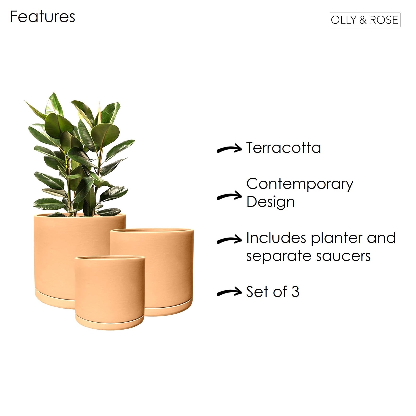 Olly & Rose Rome Terracotta Plant Pots Garden Planters Set 3 Indoor Outdoor Ceramic Plant Pots with Saucers