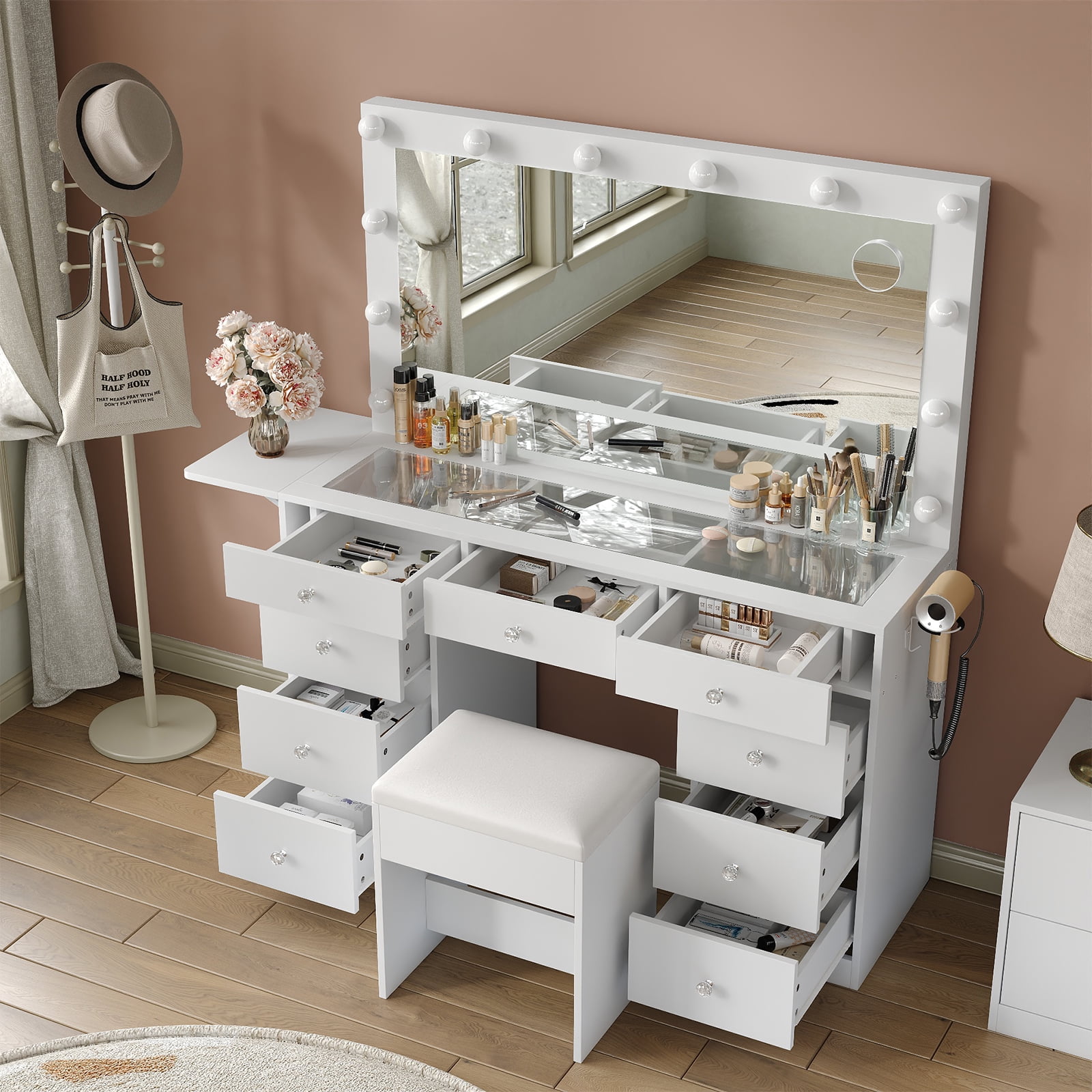 Make-up table, equipped with power socket, 9 drawers, 12 LED lights in the mirror, 3 lighting modes, glass tabletop and stool, foldable panel.