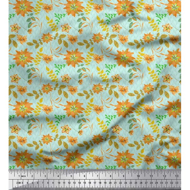 Soimoi Modal Satin Fabric Leaves & Aster Floral Decor Fabric Printed Yard 42 Inch Wide