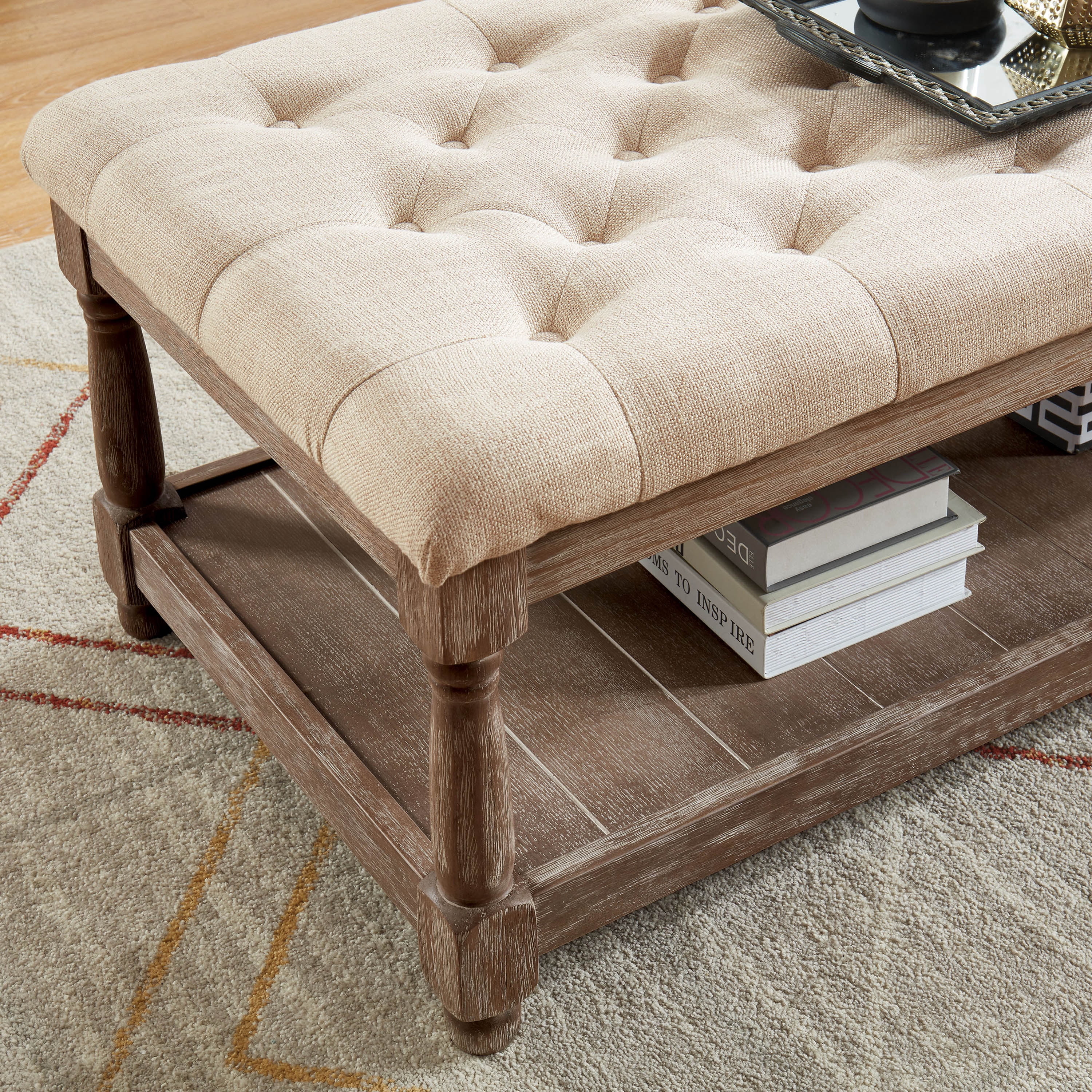 Furniture of America Nolling Wood and Tufted Beige Fabric Natural Tone Hallway Bench