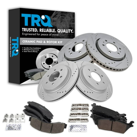 TRQ Front and Rear Performance Brake Pad & Rotor Kit Brake Pads Brake Rotors Set Ceramic Vented Premium G-Coated Fits Select 2018-2020 Ford Expedition F-150 Lincoln Navigator