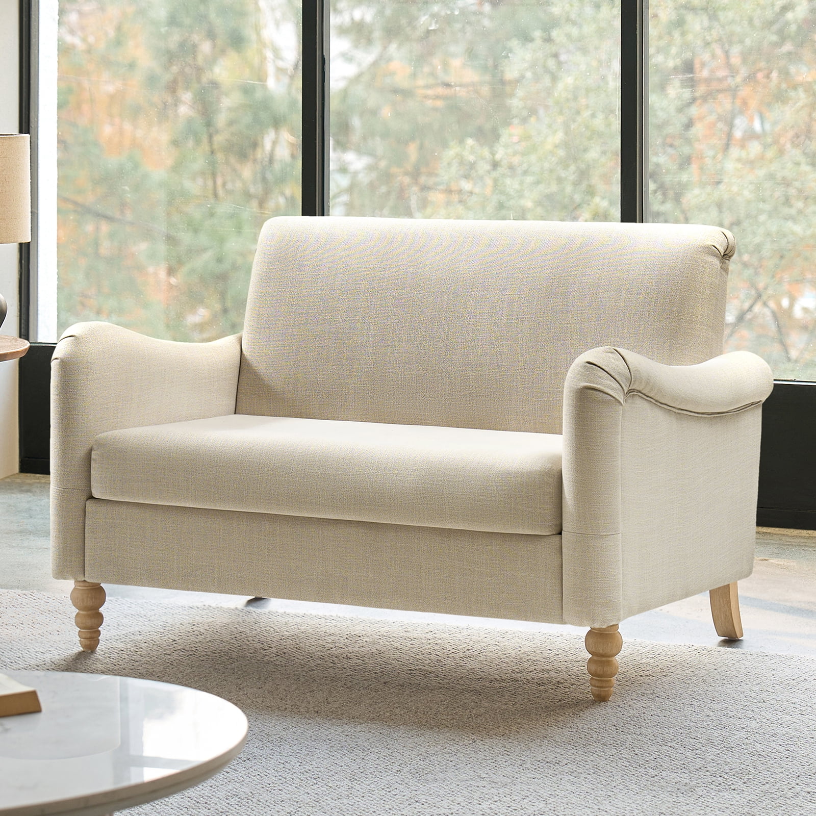 Tina's Home 50" Farmhouse Loveseat Sofa, Linen Upholstered Couch with Wide Seat, Sloped Arms and Solid Wood Bobbin Legs
