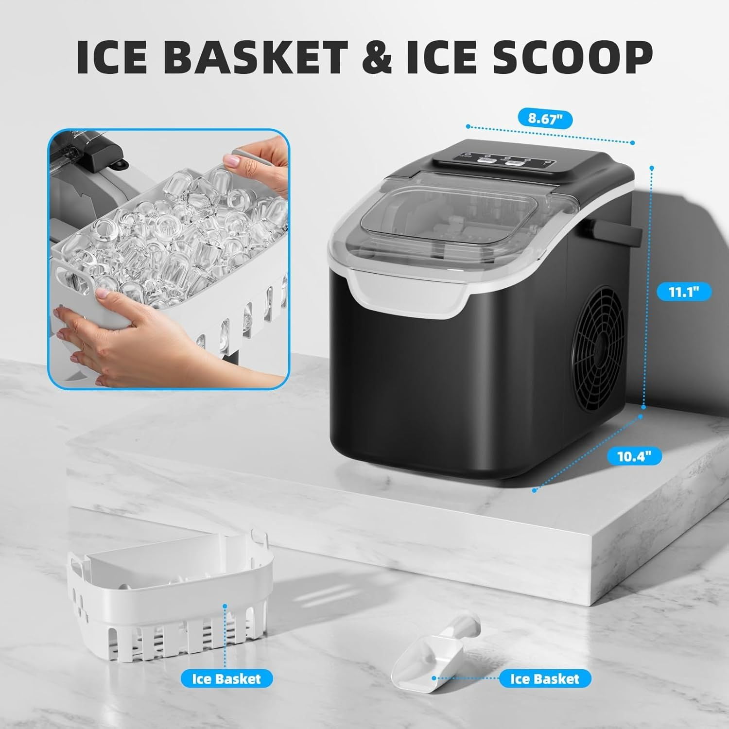 Countertop Ice Maker Machine, 8 Cubes in 6 Mins, 26.5 lbs/Day, Self-Cleaning, 2 Sizes, for Home/Kitchen/Camping/RV， Black