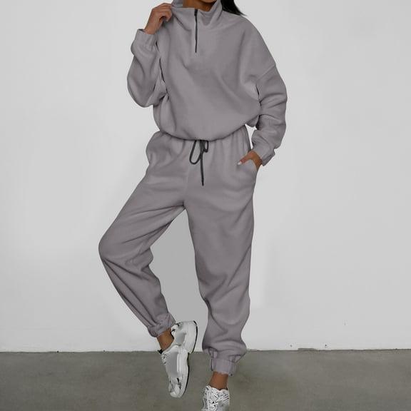 Outfits Set for Women Fall Lounge Sets for Women Women Fall and Winter Fashion Casual Loose Zipper Collar Sweater Two piece Set Long sleeved Round Neck Blouse shirt Set Get it Fast