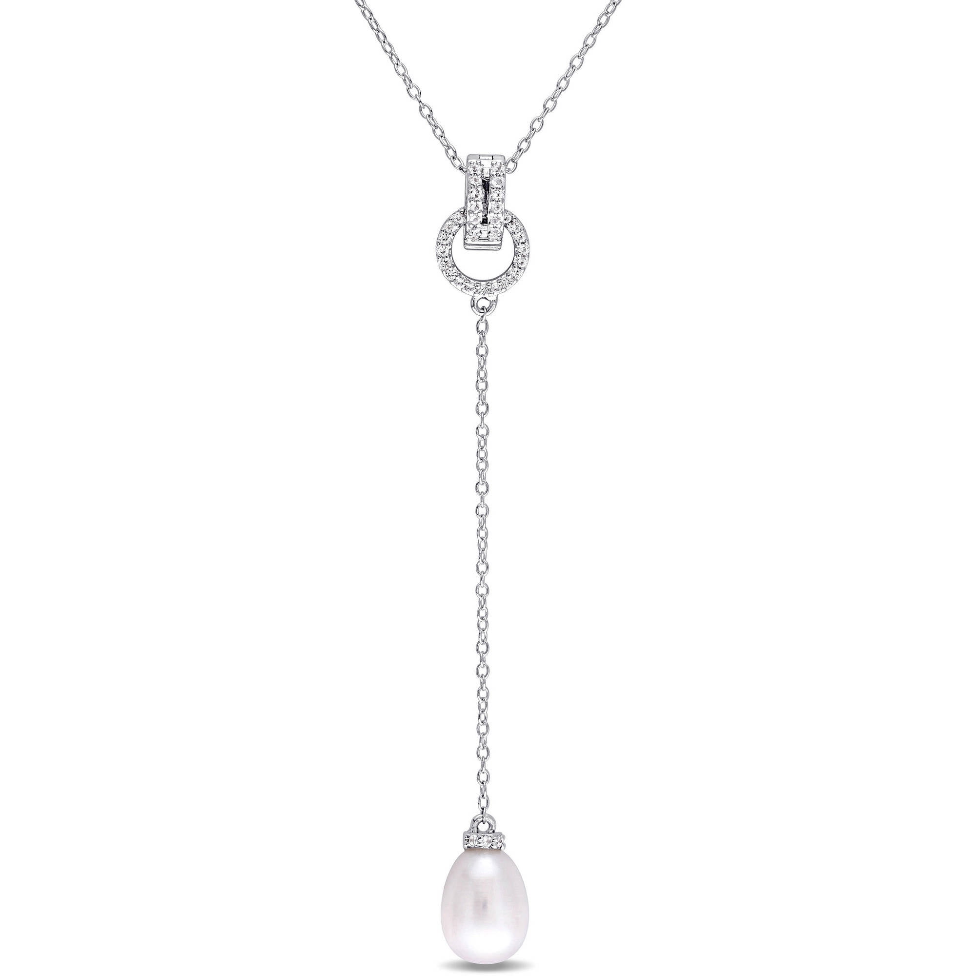 Miabella 8-8.5mm White Cultured Freshwater Pearl and 1 5 Carat T.G.W. White Topaz Sterling Silver Drop Necklace,... by Miabella