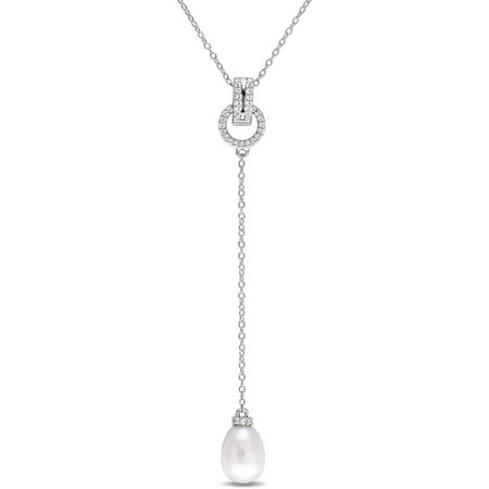 Miabella 8-8.5mm White Cultured Freshwater Pearl and 1/5 Carat T.G.W. White Topaz Sterling Silver Drop Necklace, 18