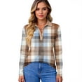 thumbnail image 4 of Striped Long Sleeve Polo Shirts for Women Business V Neck Collared Tops Button Down Loose Fit T Shirt Light Brown XL, 4 of 4
