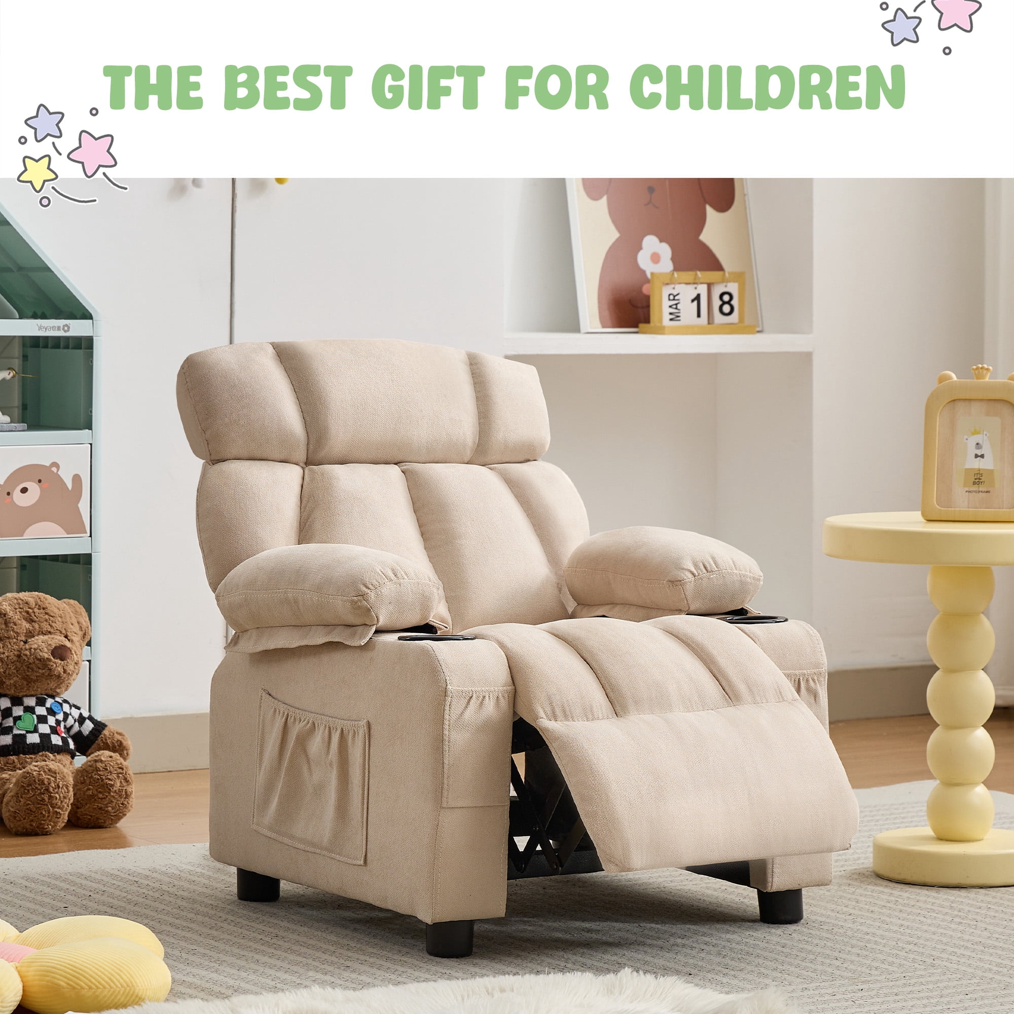 JONPONY Kids Recliner Chair,Push Back Toddler Recliner with Cup Holders & Side Pockets,Adjustable Footrest & Headrest Kids Sofa for Boys Girls 3+ Age Group, Beige