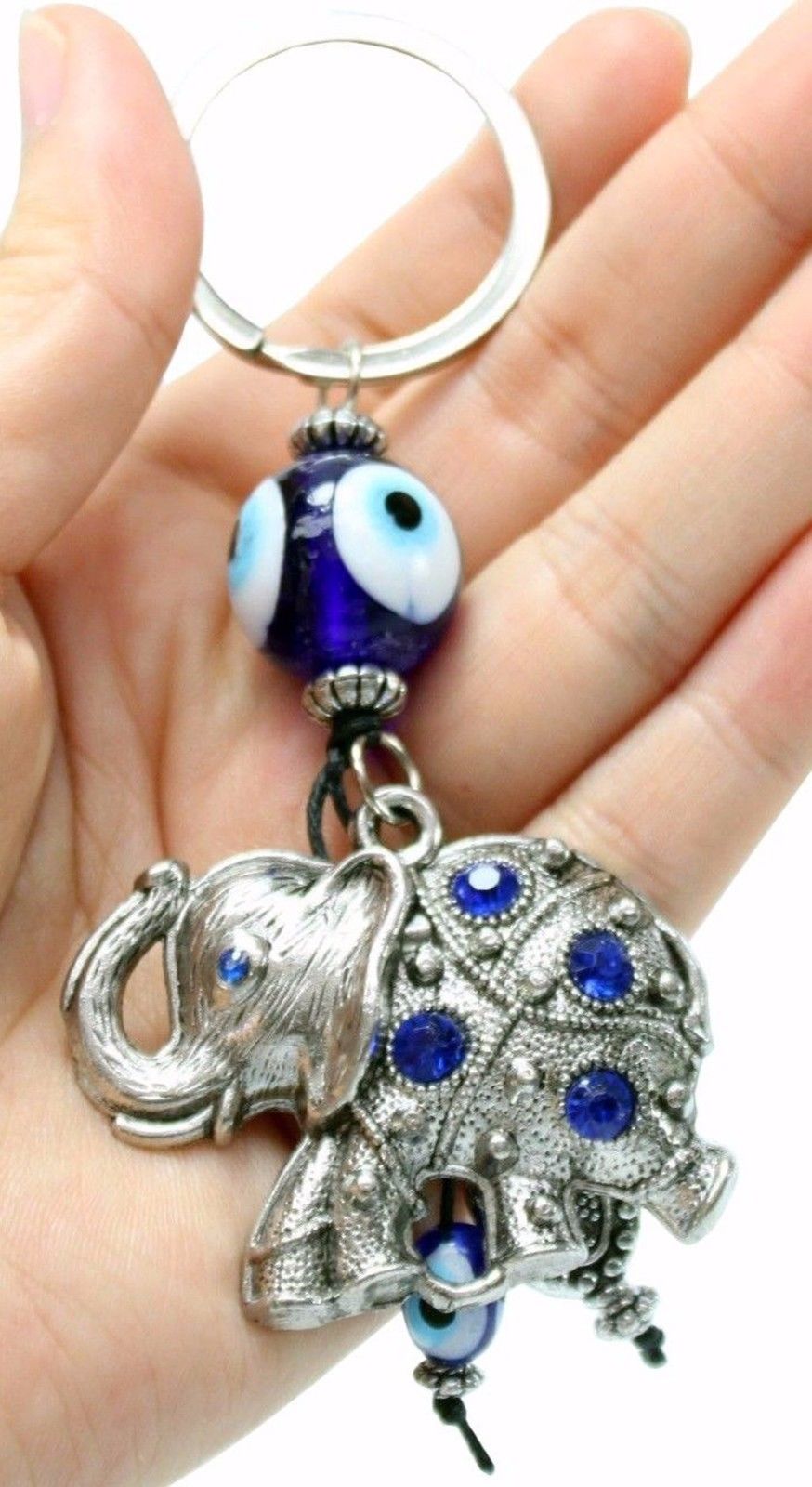 Blue Evil Eye 2" Elephant Keychain Blessing Protection Religious Gift US Seller