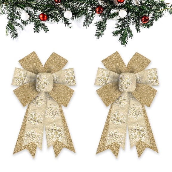 Hying 2 Pieces Christmas Bows for Wreath, Christmas Wreath Bow Glitter Golden Xmas Bows