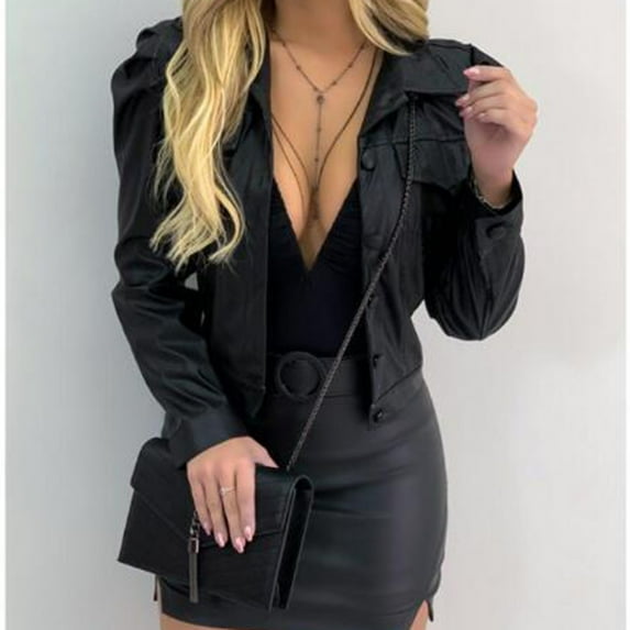 LoyisViDion Coat Women'S Street Short Lapel Frayed Breasted Denim Puff Sleeve Slim Leather Jacket Black 4(S)