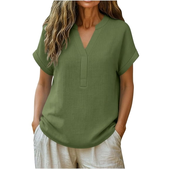 ClodeEU Women's Linen Blend V Neck Short Sleeve Top ,Loose Fit Casual Button Blouse Army Green,Womens Plus L