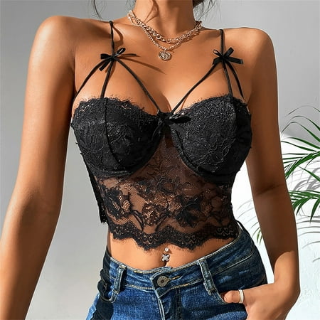 Pavied Bralettes for Women Feelingirl Bra Push Up Bra Womens Summer Lace Bustier Mesh Vintage Spaghetti Strap Corset Going Out Party Crop Top Seamless Bras Full Coverage Bras Black L