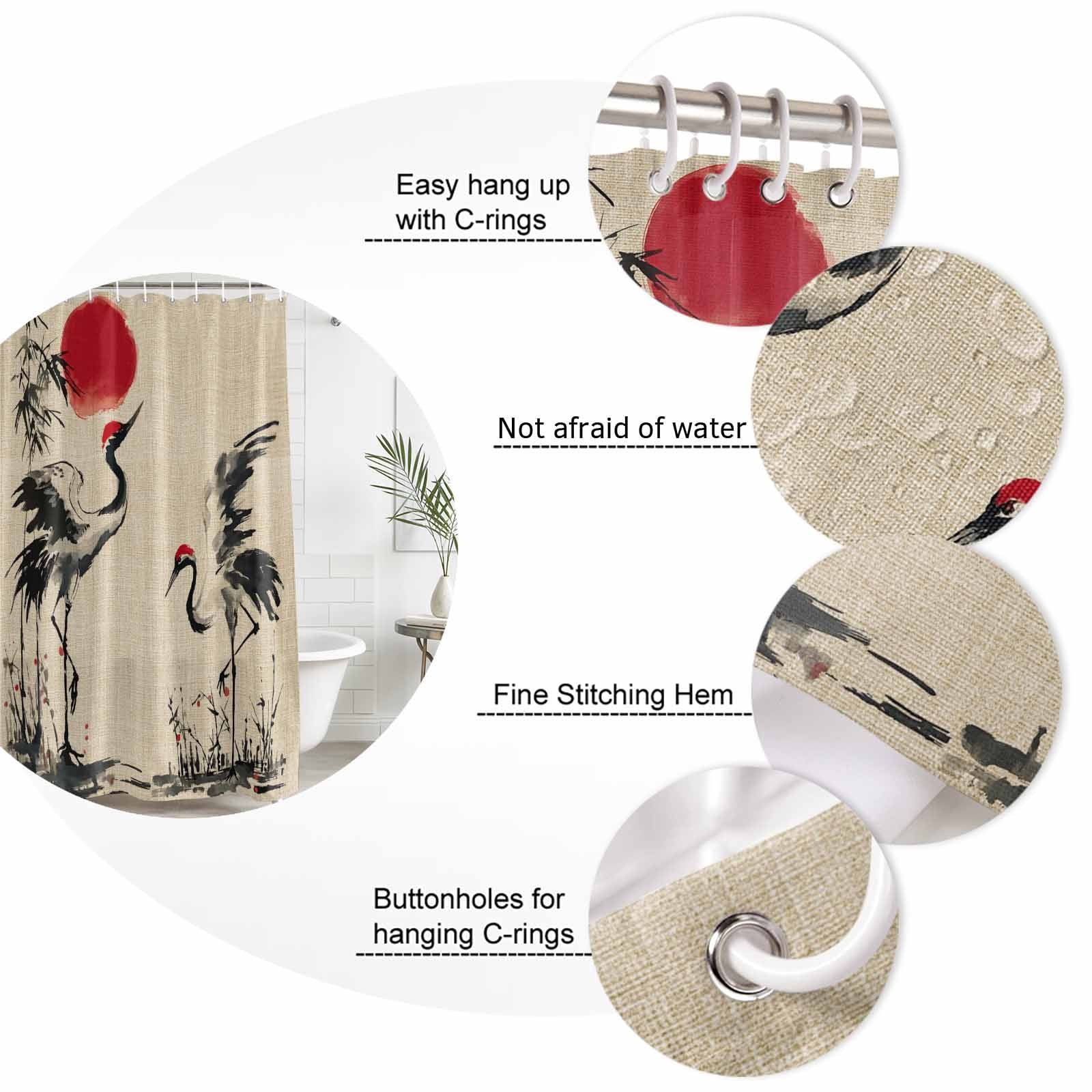 Small Stall Shower Curtain 36x72 Inch Narrow Half Size Crane Bath Curtains Bathroom Decor, Black White Ink Wash Red Moon Botanical Farmhouse Waterproof Fabric Shower Curtain Set with Hooks 36 Inch