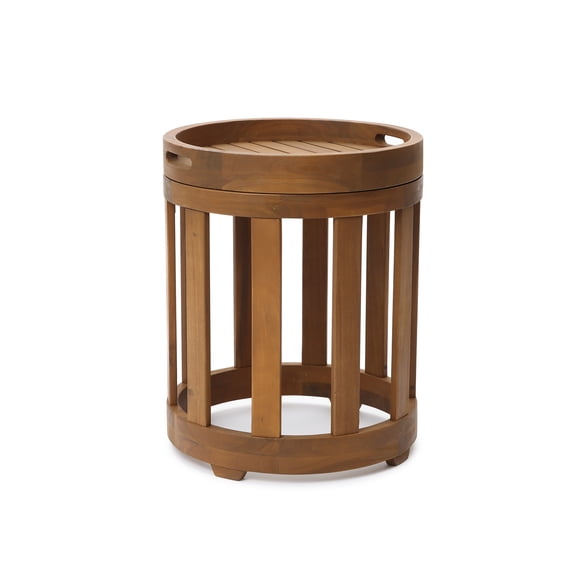 LuxenHome Acacia Outdoor Drum Side Table, Round Patio Table with Removable Tray Top & Oil Finish