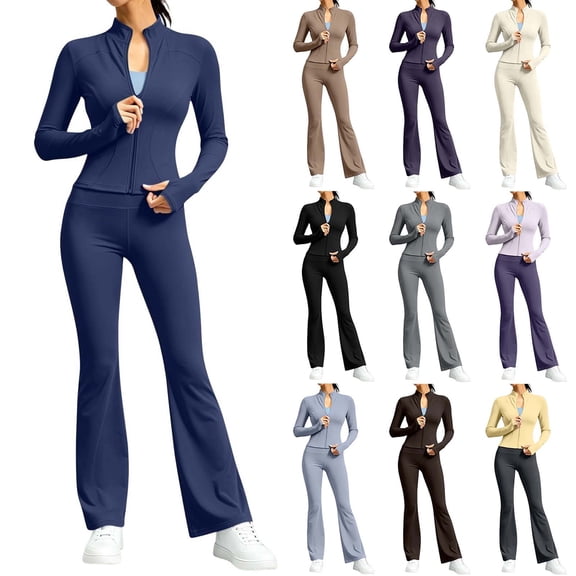 KTFgvq Womens Sweatsuits 2 Piece Set, Zip Up Mock Neck Long Sleeve Jacket, High Waisted Bootcut Yoga Pants Athletic Track Suit, Black L