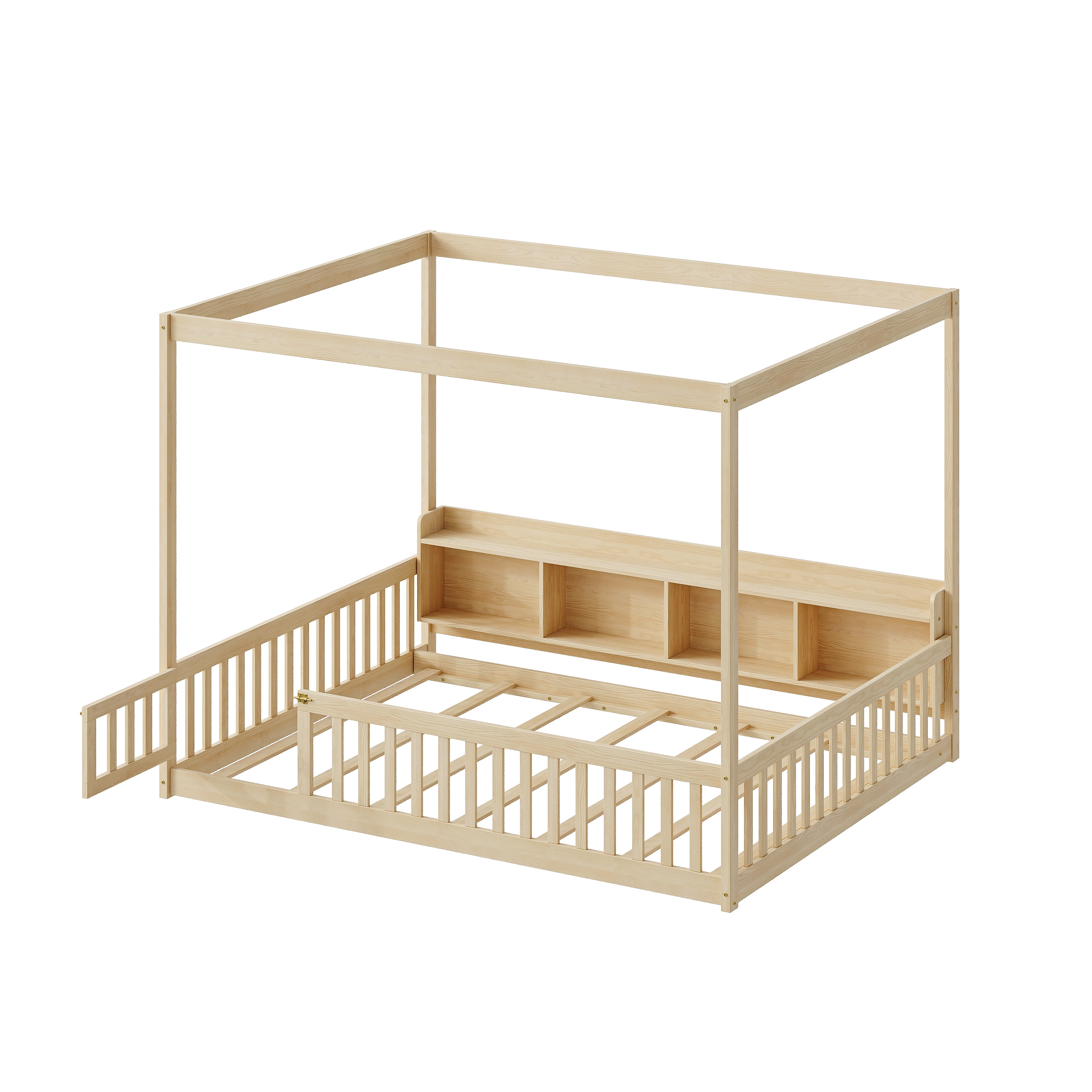 GARITIN Full Size Montessori Floor Bed, Headboard with Open Storage Cubbies, 4-Sided Guardrails with Access Door, Dual-Use Bed for Sleeping & Playing, Natural