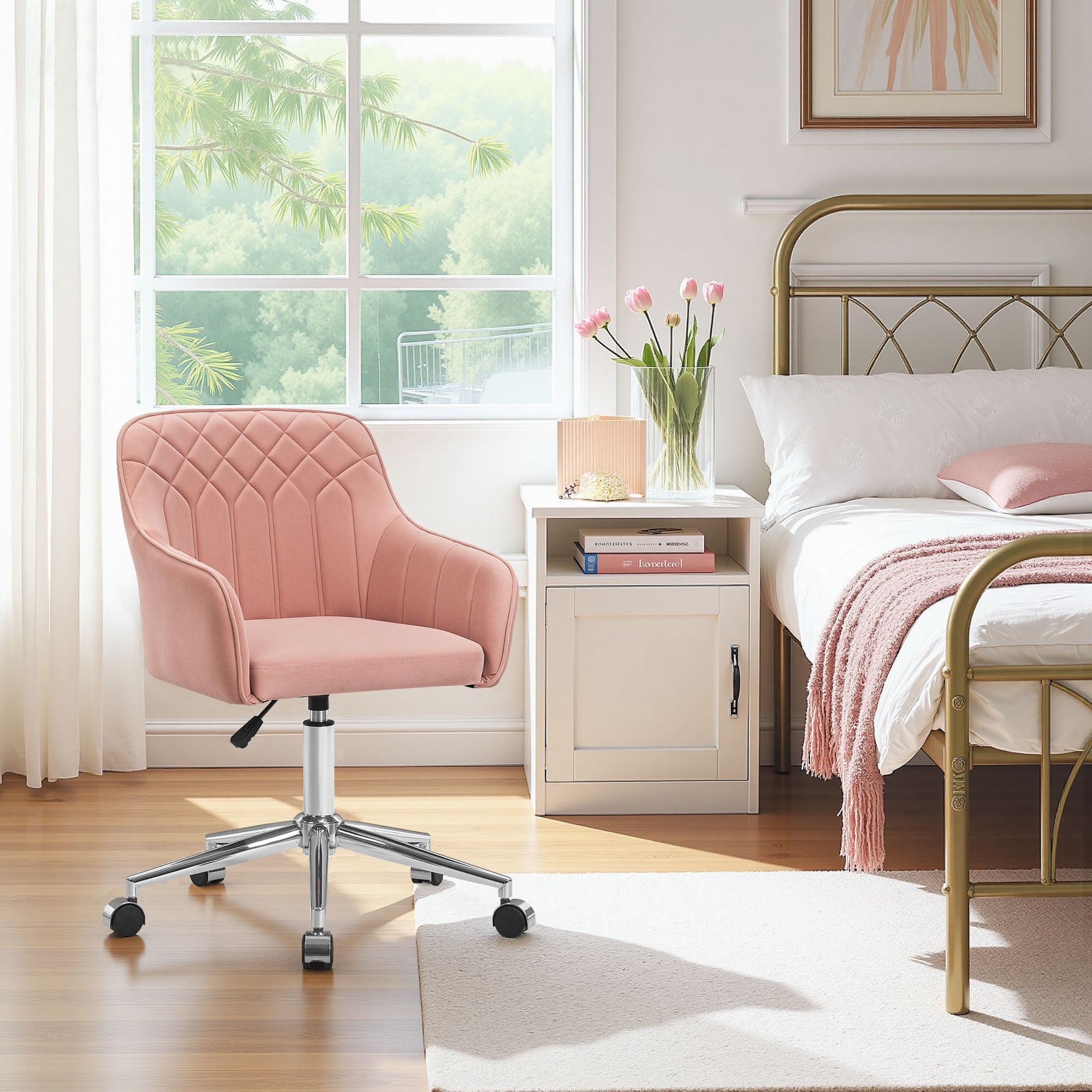 VECELO Modern Velvet Accent Chair, Upholstered Swivel Desk Chair with Silver Base, Adjustable Height Vanity Chair with Wheels for Study, Living Room, Bedroom, Pink