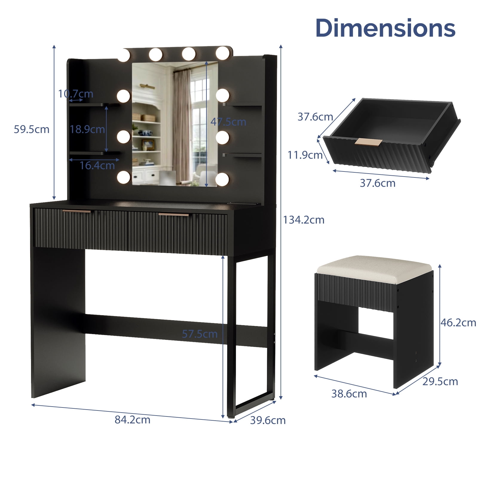 Zimtown Modern Makeup Vanity Table Set with LED Lights , Mirror and Charging Station, Dressing Desk with 2 Drawers for Bedroom, Black