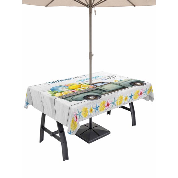 Outdoor Tablecloth with Umbrella Hole for Patio/Picnic/Party/Camping, Summer Truck Lemon Waterproof Table Cloth Rectangle Table Cover Washable, Nautical Coastal Grey Wooden (54"x 80")