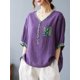 thumbnail image 4 of Blusa holgada para mujer, cuello en V, media manga, empalme, estilo vintage, informal, 4 of 8