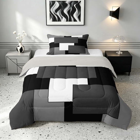 Manfei Minimalist Geometric Twin Comforter Sets, Abstract Checkered Bedding Set, Black White Gray, Gray Reversible 2 Pieces, 1 Comforter and 1 Pillowcase