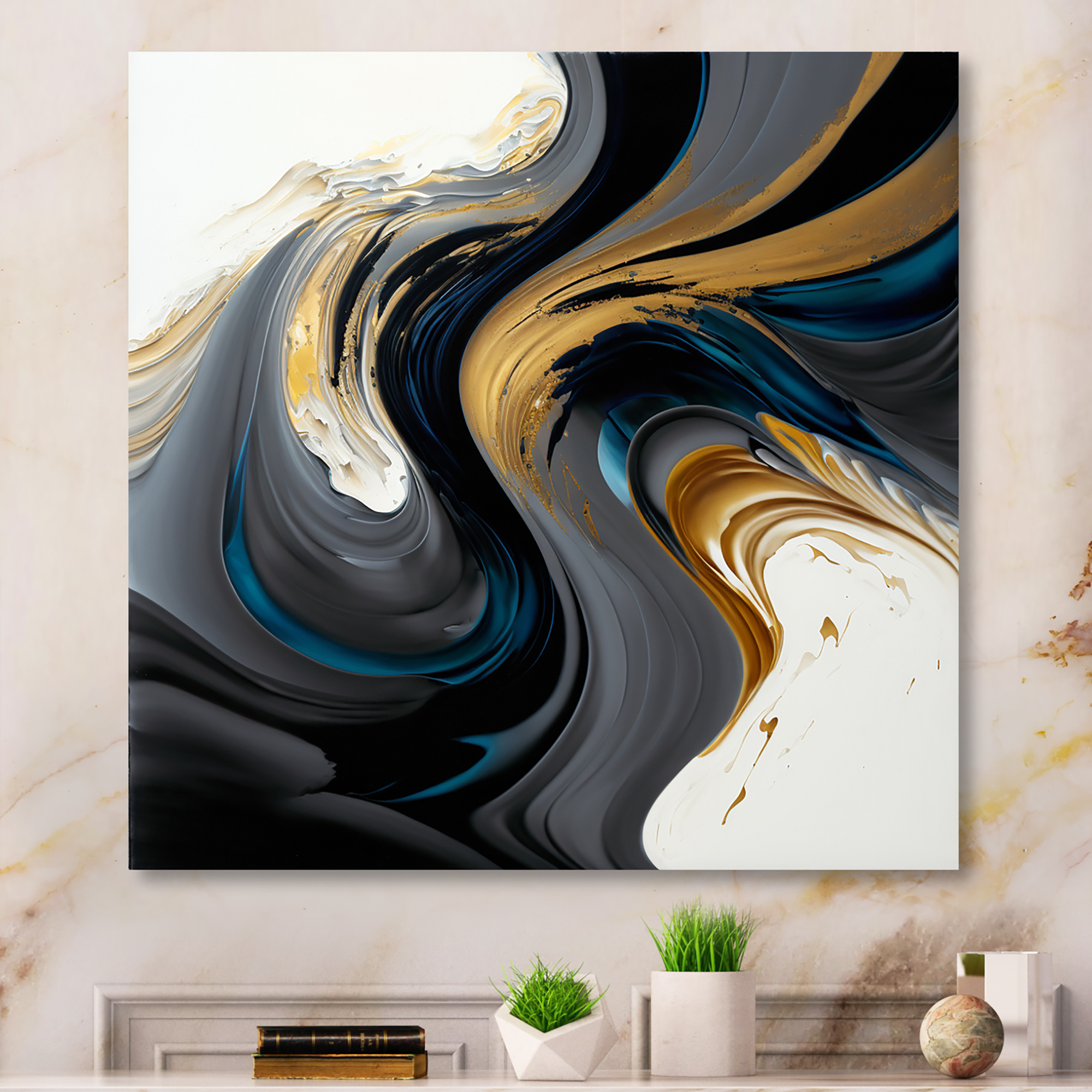 Designart Black, White And Gold Liquid Art IV Canvas Wall Art