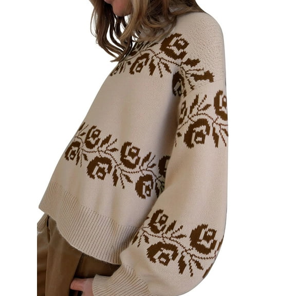 Women'S Vintage Floral Jacquard Sweater, Mock Neck Loose Knit Pullover Top, Long Sleeve Warm Fall Jumper Khaki S