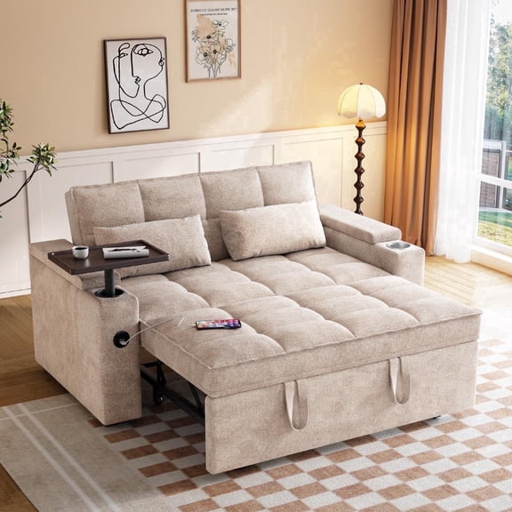 65" Chenille Convertible Sofa Bed with Adjustable Backrest, 3-in-1 Sleeper, 360° Swivel Side Table, USB/Type-C Ports, Hidden Storage, Easy Assembly for Living Room & Apartments, Khaki
