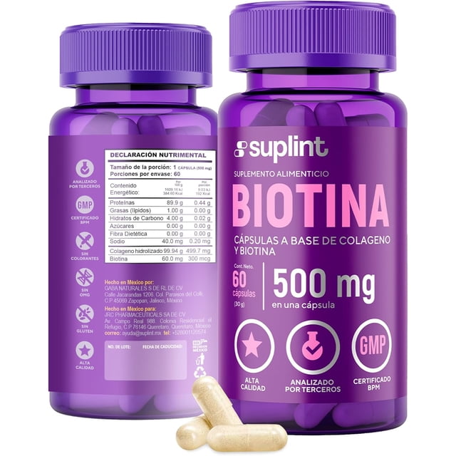 Biotina y Colágeno Hidrolizado 500 MG | Vitaminas para Mujer | Complejo de Belleza Cabello, Piel y Uñas | Suplemento Crecimiento del Cabello | Suplementos Péptidos de Vitamina B sin OGM | 60 Cápsulas