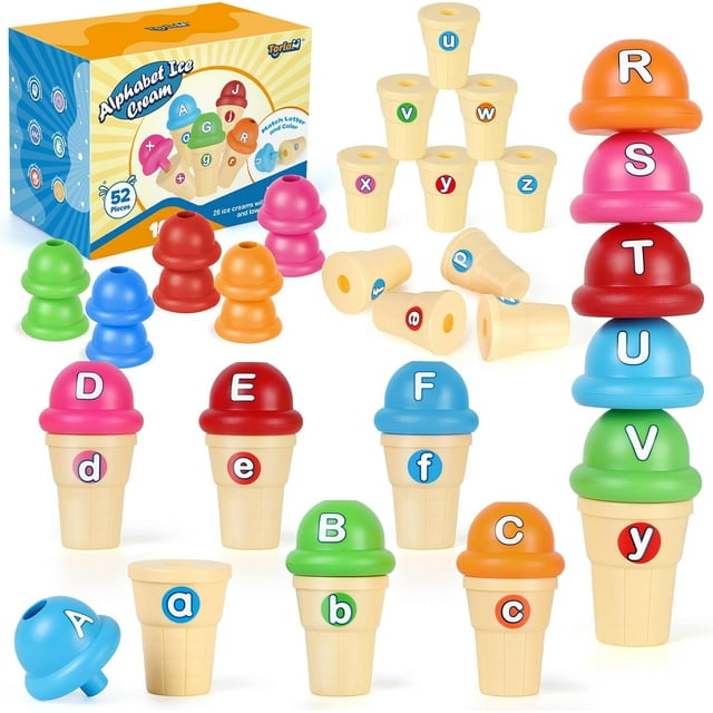 shiyou-Alphabet Learning Ice Cream Toy Play Set, Toddler Learning Toy ABC Letter Recognition Matching 26 Letters Games, Kindergarten Preschool Classroom Must Haves Kids Learning Activities, 52 Pieces